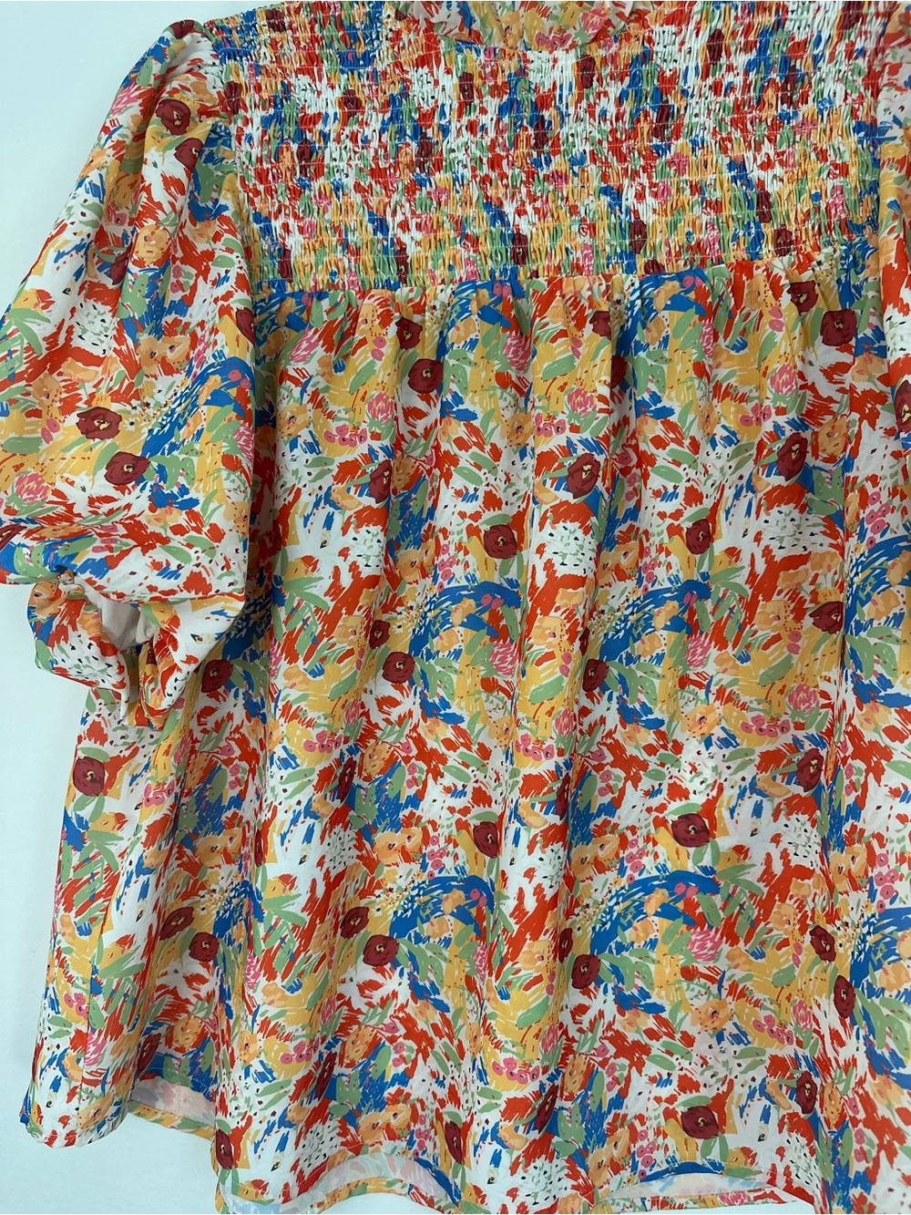 Entro Multicolor Smocked Floral Blouse in Red, Blue & Yellow